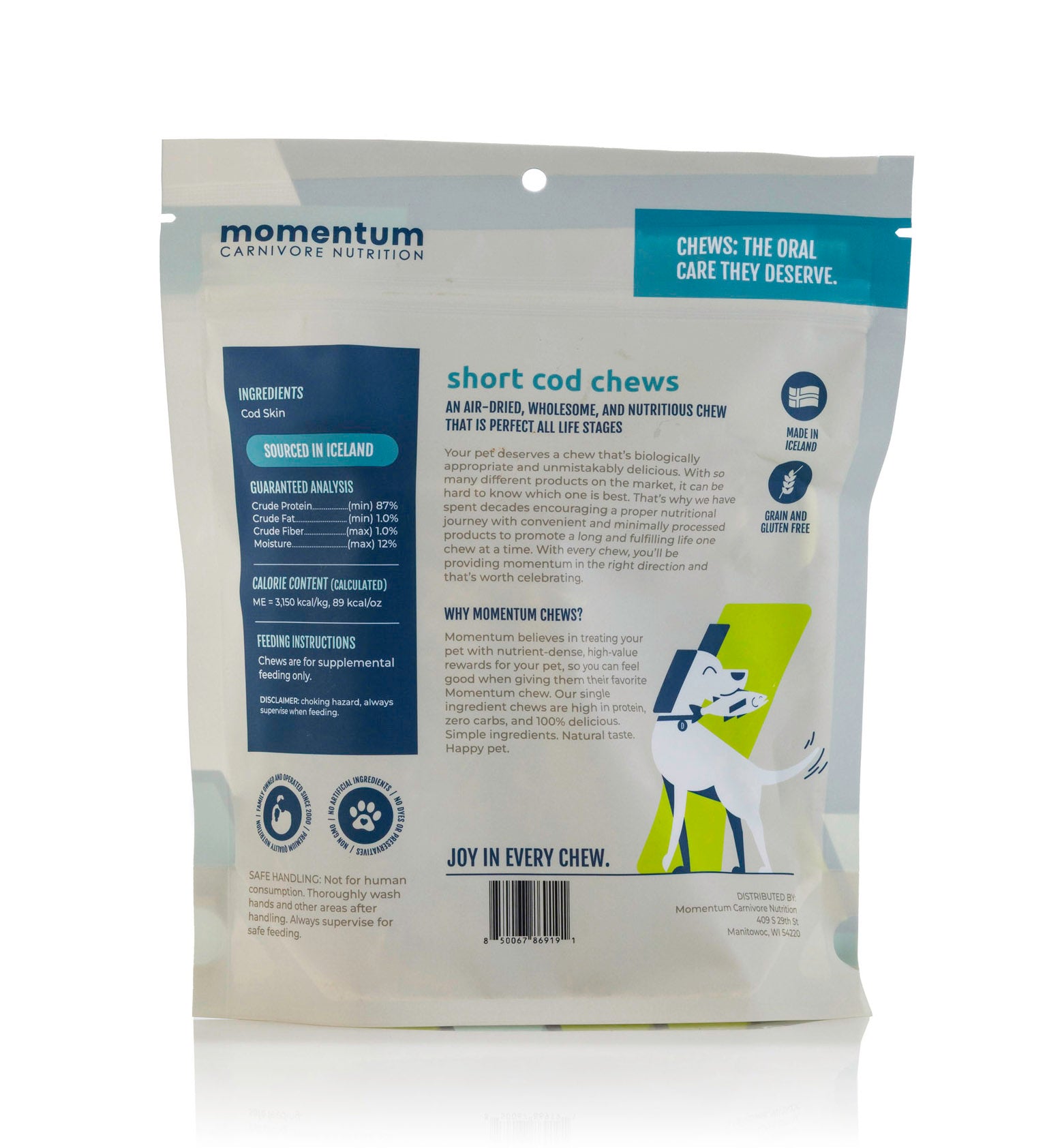 Momentum Carnivore Nutrition air-dried short cod chews for dogs single ingredient