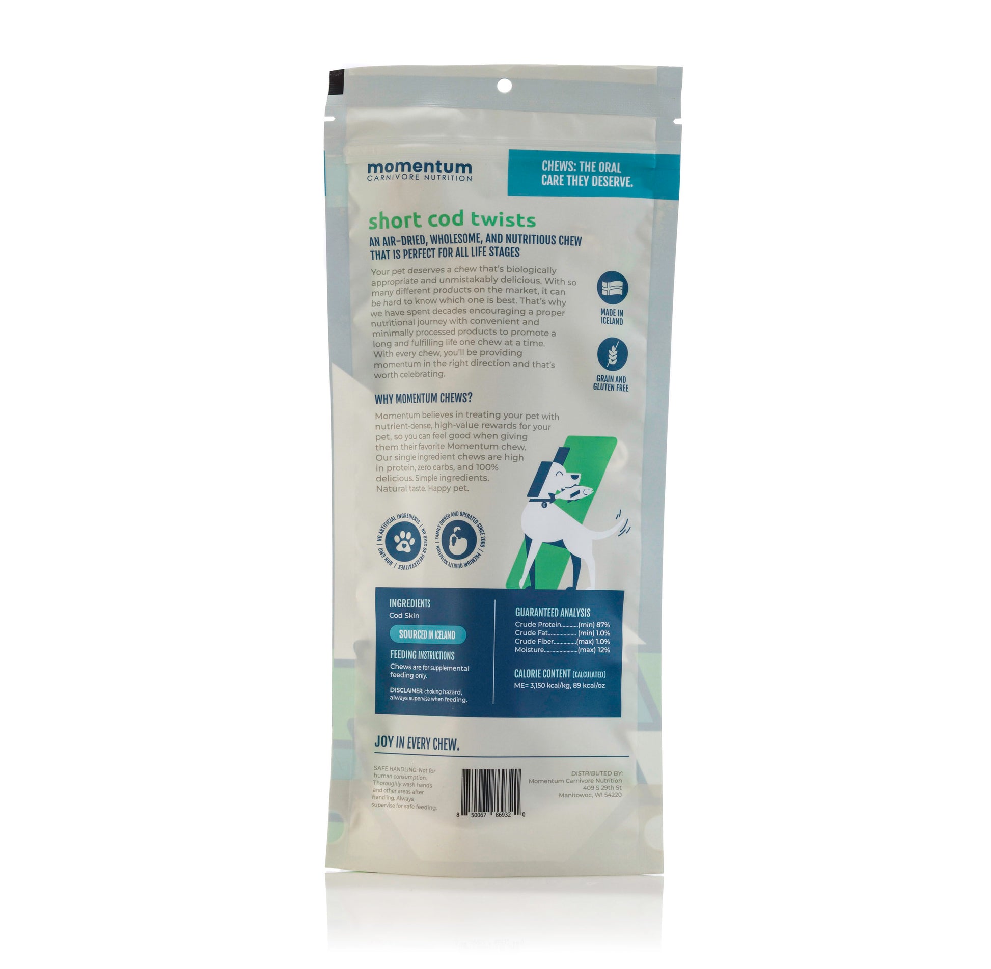 Momentum Carnivore Nutrition air-dried short cod twists for dogs single ingredient