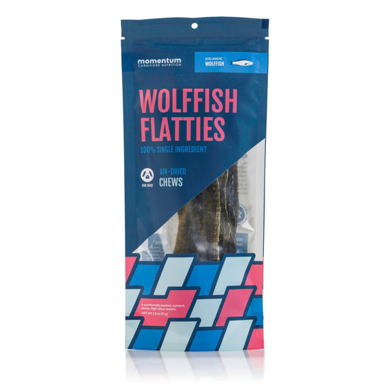 Momentum wolffish flatties single ingredient wild-caught Icelandic wolffish dog chew air-dried