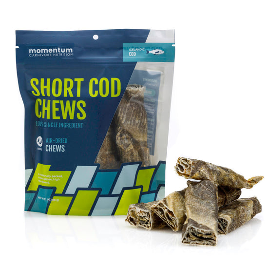 Momentum air-dried short cod chews for dogs single ingredient wild-caught Icelandic cod high-protein
