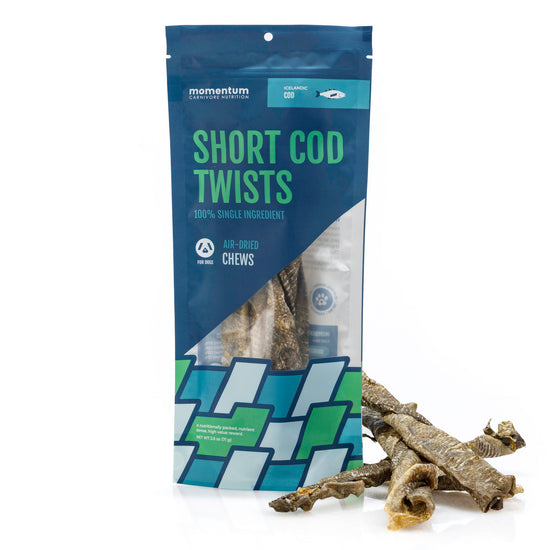 Momentum air-dried short cod twists for dogs single ingredient wild-caught Icelandic cod high-protein