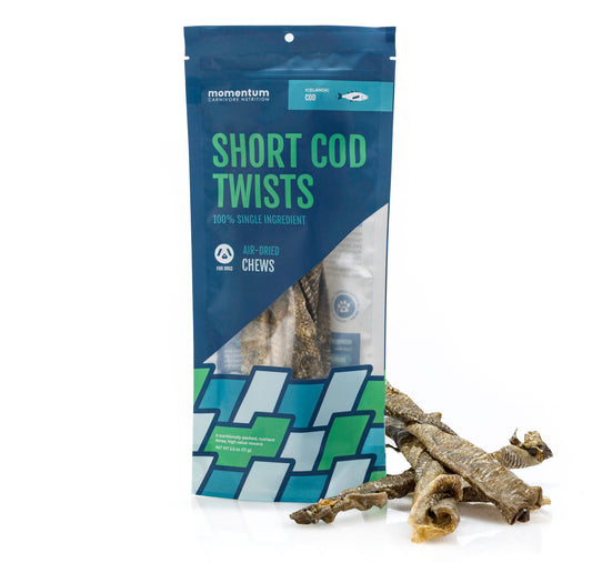 Momentum air-dried short cod twists for dogs single ingredient wild-caught Icelandic cod high-protein