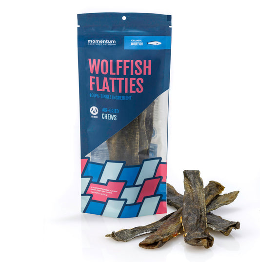 Momentum air-dried wolffish flatties for dogs single ingredient wild-caught Icelandic wolffish novel protein