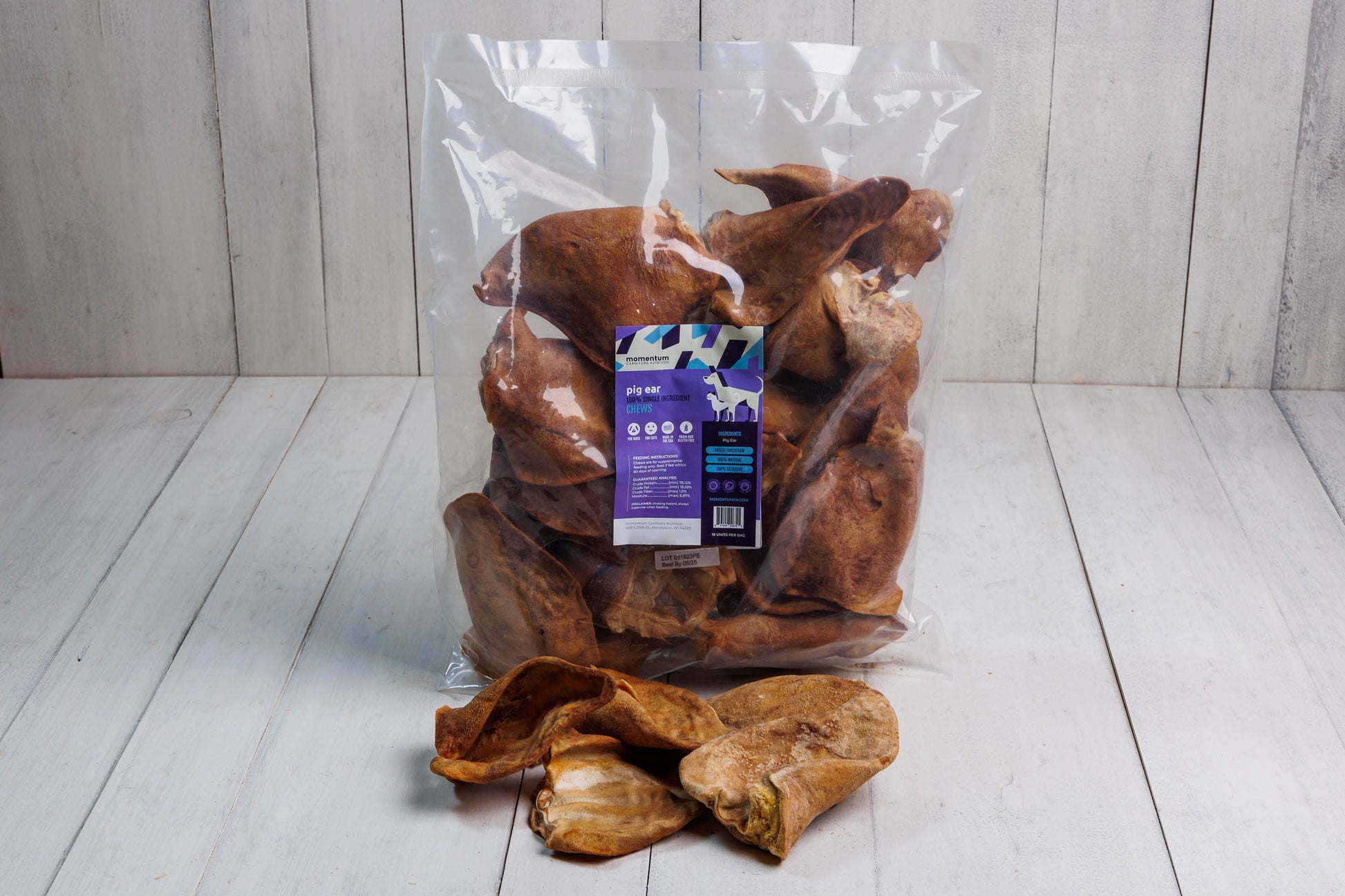 Momentum Carnivore Nutrition freeze-dried pig ear bulk dog chews 18 ct single ingredient