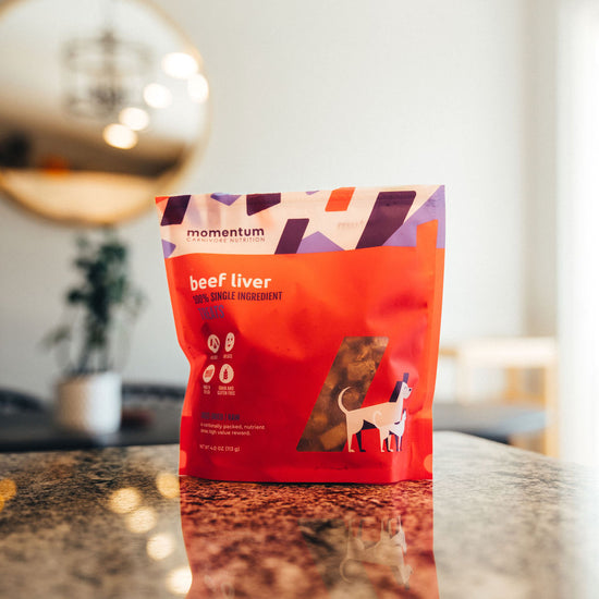 Momentum freeze-dried beef liver treats for dogs and cats single ingredient high protein on counter