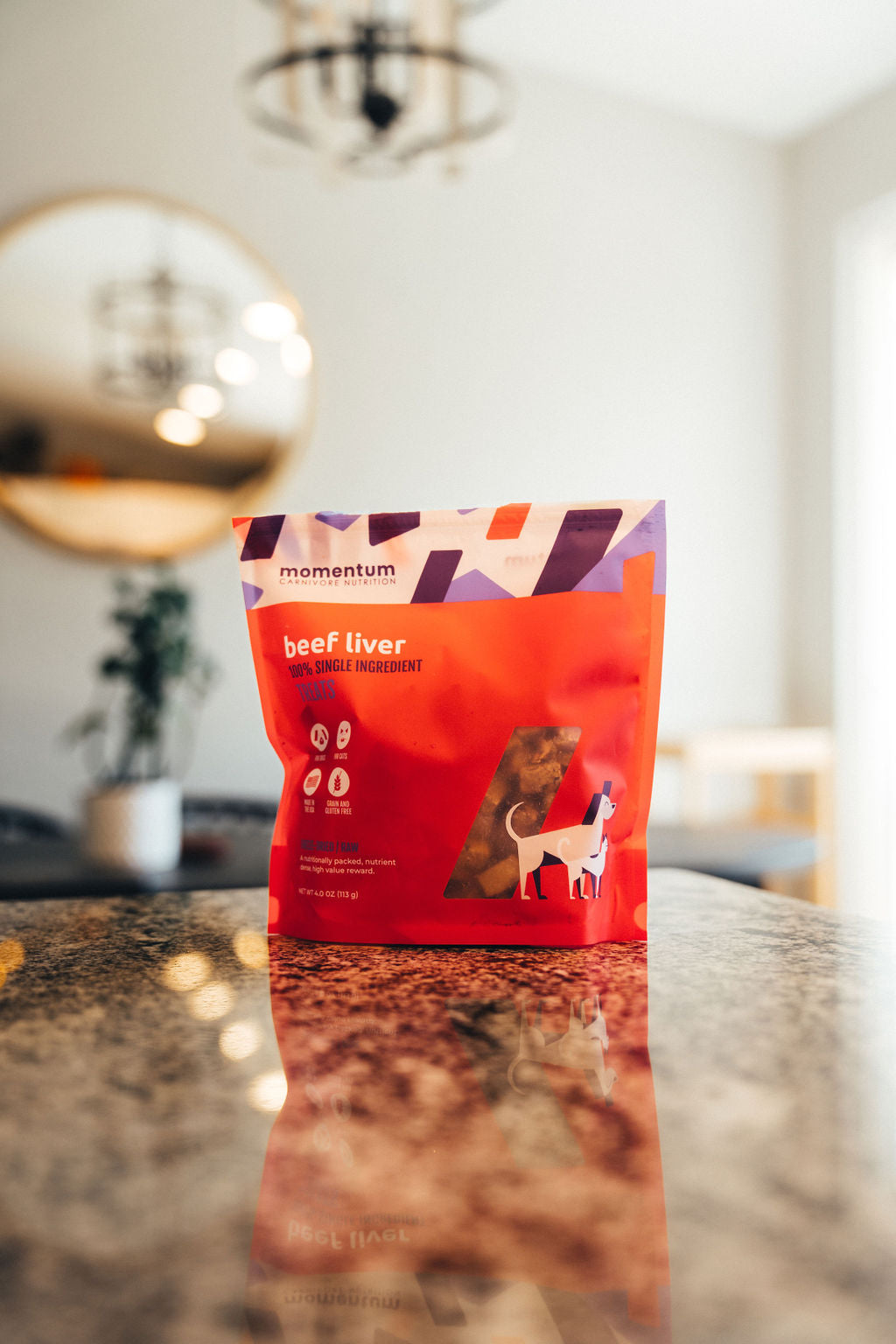 Momentum freeze-dried beef liver treats for dogs and cats single ingredient high protein on counter