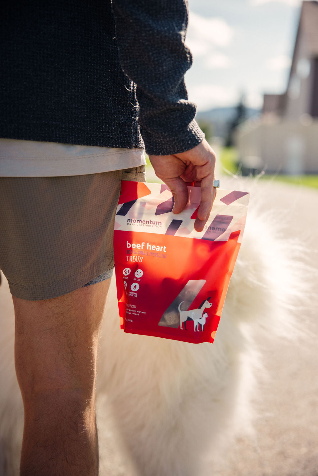 Pet owner treating dog with Momentum freeze-dried beef heart single ingredient treats