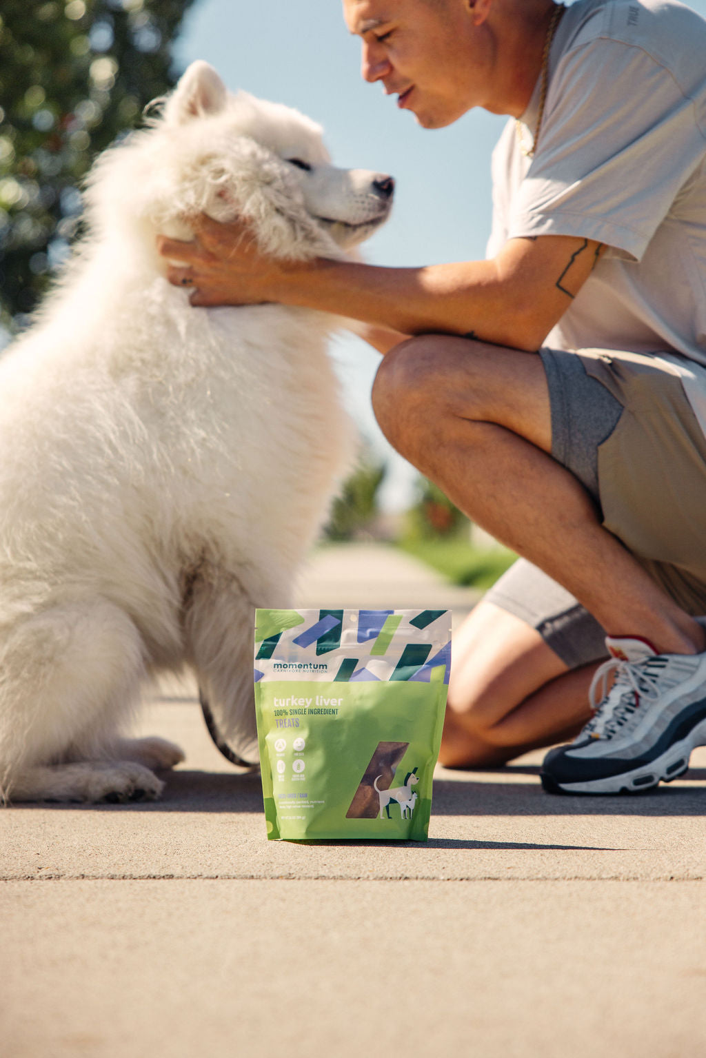 Dog being rewarded with Momentum freeze-dried turkey liver treats during training session