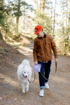 Momentum freeze-dried pork training bites single ingredient high protein treats with dog and man walking on forest path.