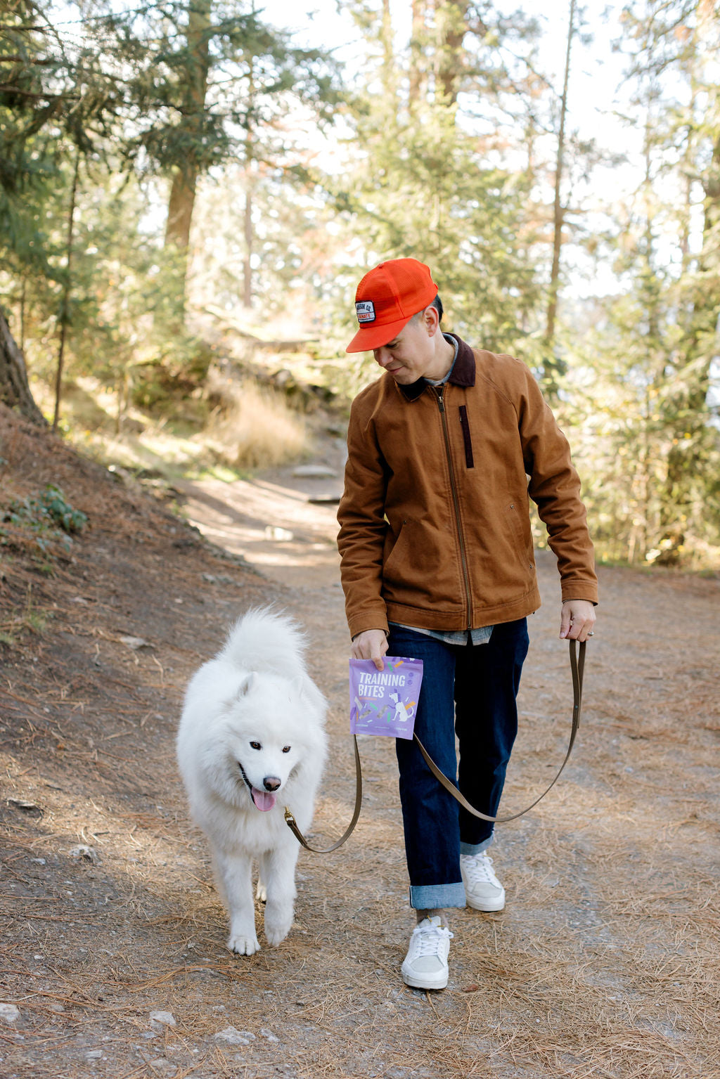 Momentum freeze-dried pork training bites single ingredient high protein treats with dog and man walking on forest path.